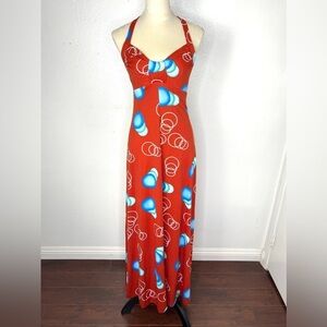 VINTAGE 1970s Maxi Dress Empire Waist Halter Neck Vtg 70s Gown Brick Red